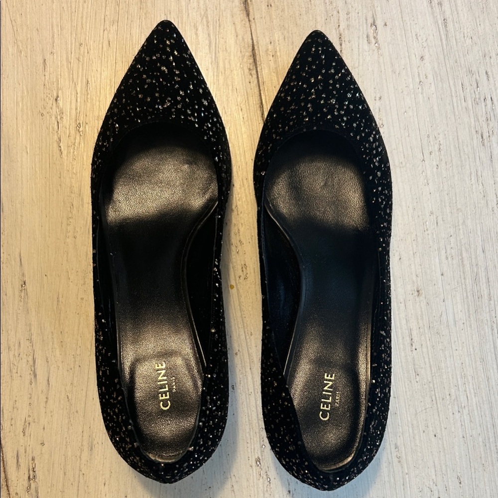 Celine Black and Speckled Gold Kitten Heels